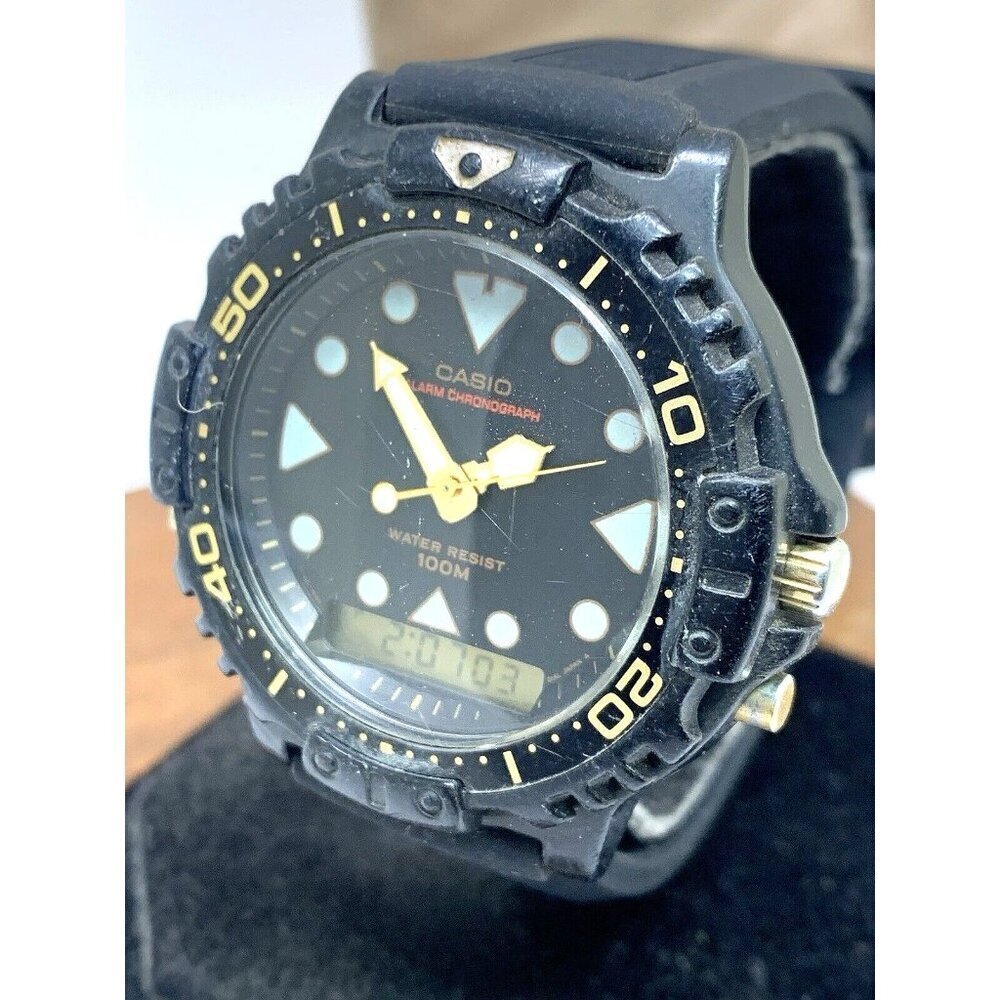 Casio Men's Watch AQ-110 Quartz Analog Digital Alarm 44mm 740 Black Rubber USED